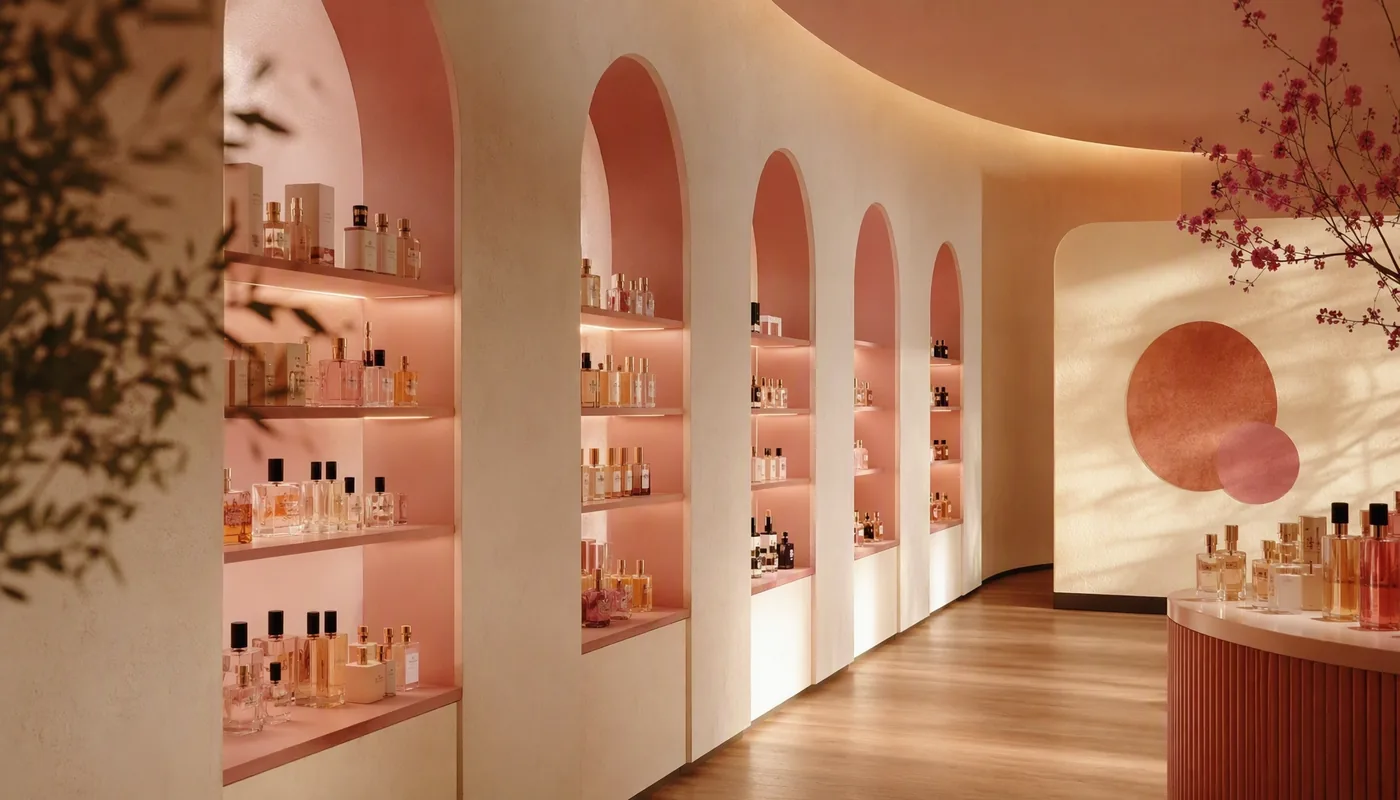 Interior da loja Villa Cosméticos com arcos rosa e luz de LED